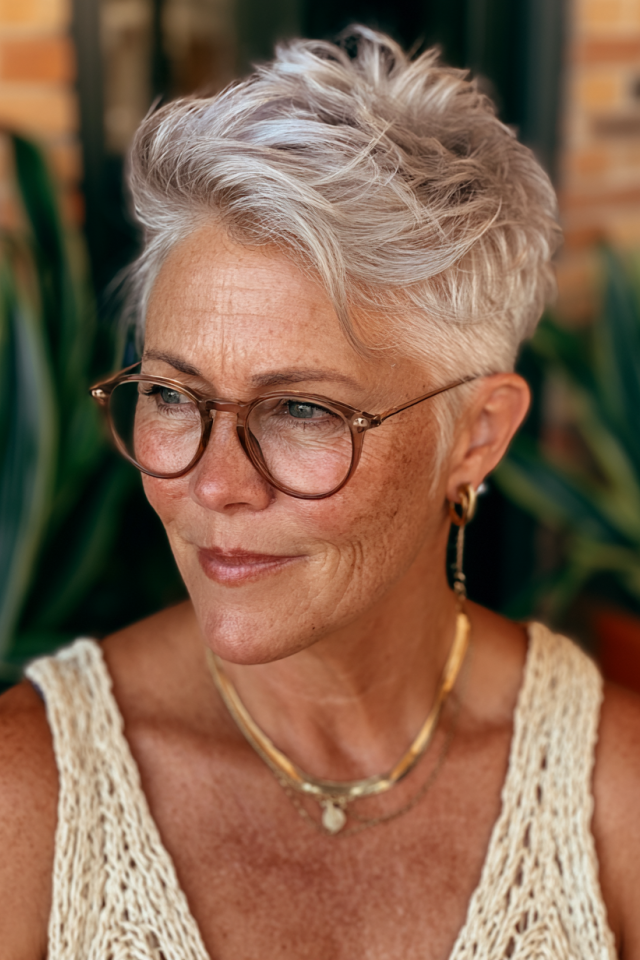 3. Textured Silver Pixie with Soft Side-Swept Bangs