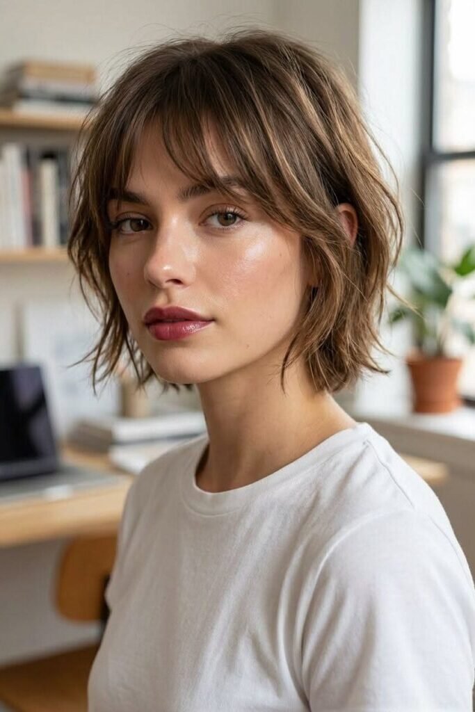 3. Textured Tousled French Bob with Wispy Curtain Bangs