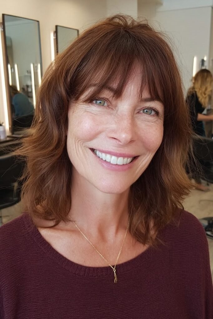 3. Warm Chestnut Shag Cut with Full Curtain Bangs