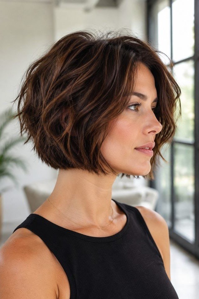 3. Wavy Dark Chocolate Brown Shaggy Bob Cut