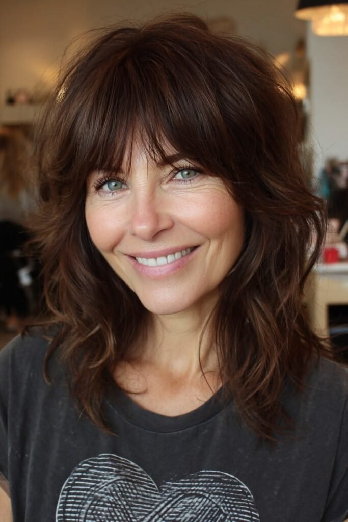 4. Choppy Dark Brown Shag with Feathered Face-Framing Layers