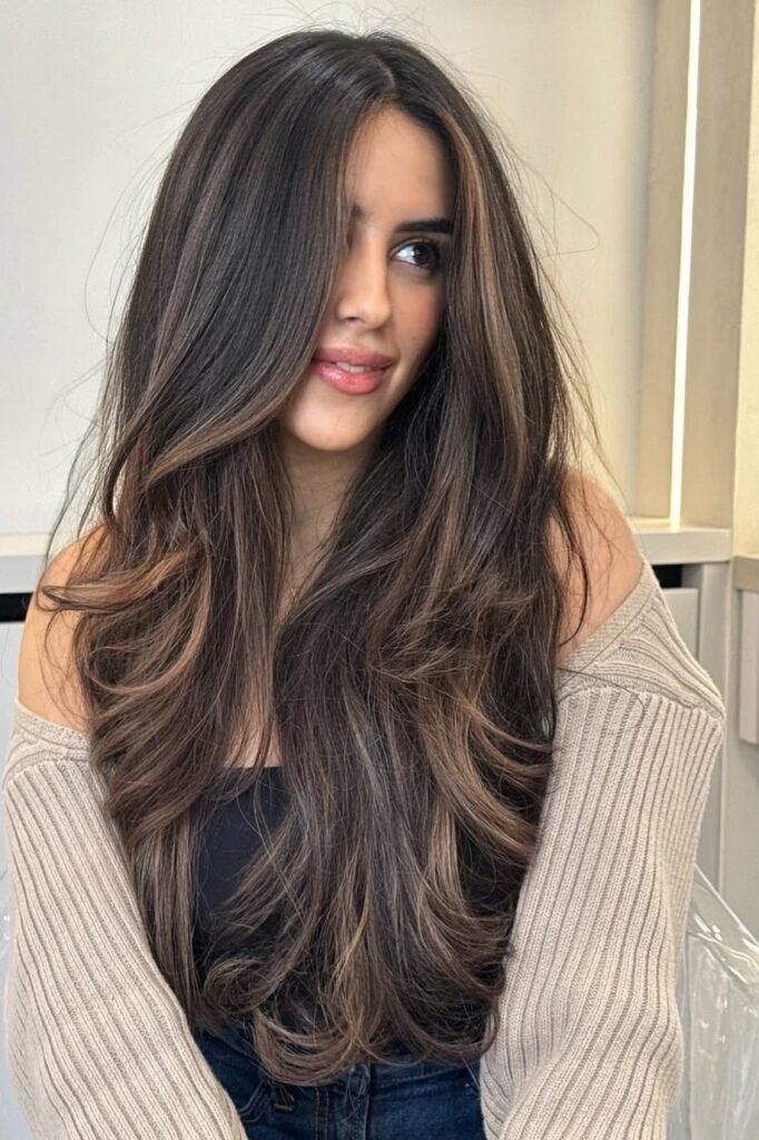 4. Espresso Base with Warm Bronze Tone-on-Tone Balayage Layers and Face-Framing Bangs