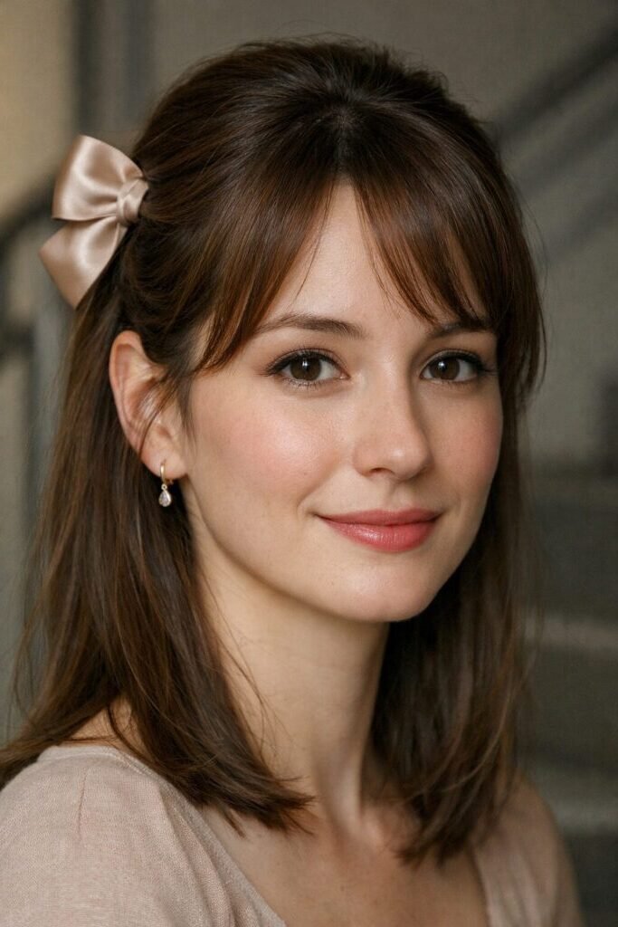 4. Half-Up Hairstyle with Ribbon Bow and Curtain Bangs