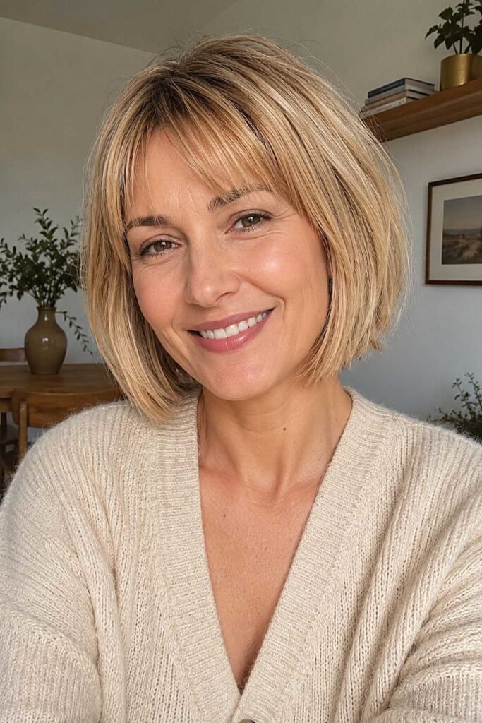 4. Honey Blonde Textured Layered Bob with See-Through Bangs