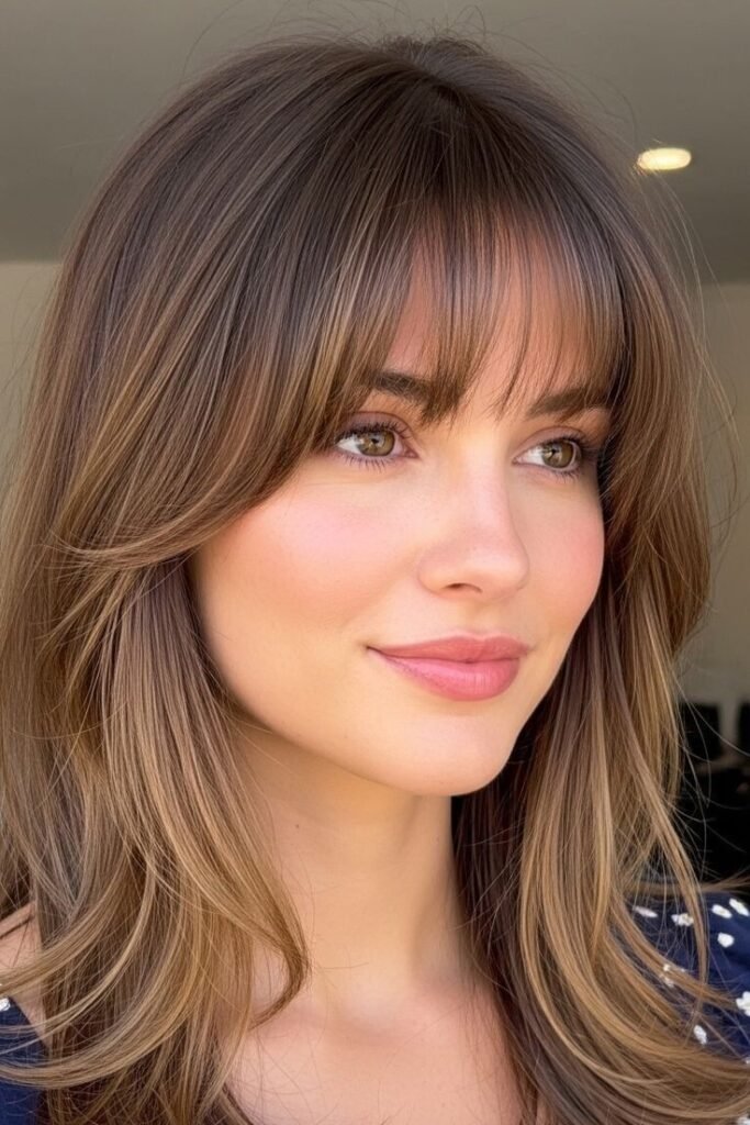 4. Medium Layered Cut with Curtain Bangs and Highlights
