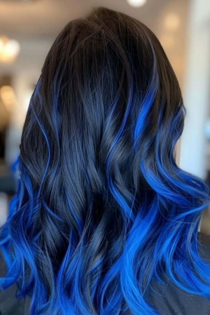 4. (Medium Length Brunette Hair with Subtle Steel Blue Money Piece)