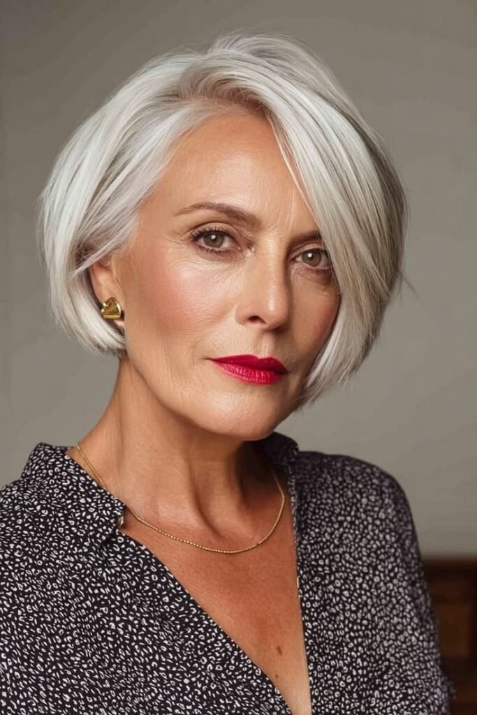 4. Modern Asymmetrical Silver Bob with Deep Side Part