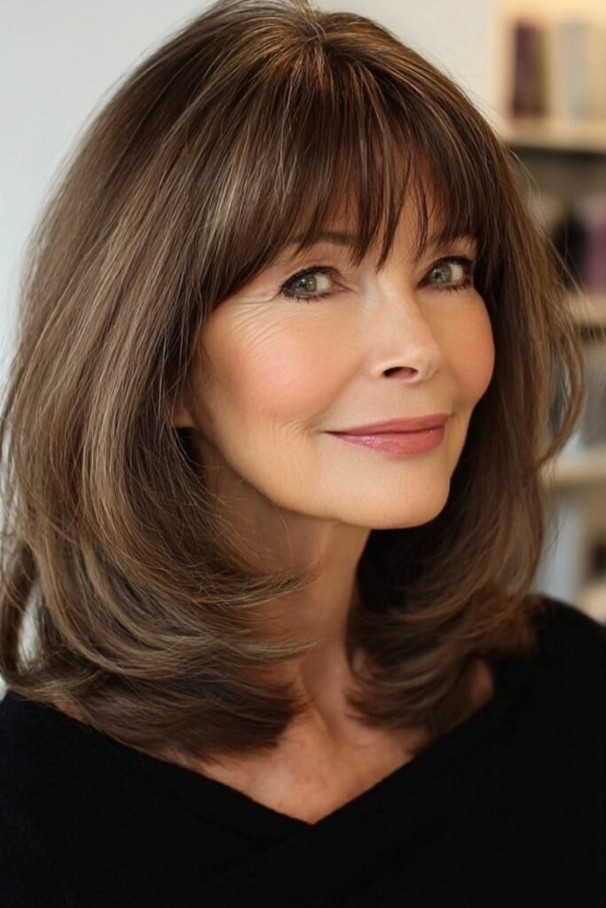 4. Rich Brunette Shoulder-Length Shag with Soft Texturized Bangs