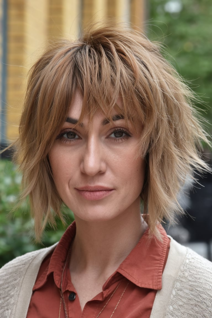 4. Shaggy Choppy Cut with Full Bangs