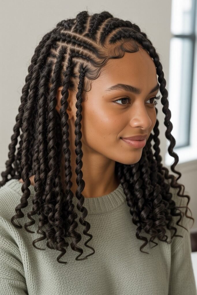 4. Shoulder-Length Senegalese Twists with Zig-Zag Stitch Parting