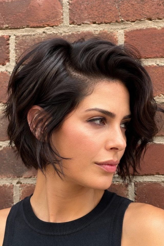 4. Side-Swept Dark Espresso Shaggy Bob Cut