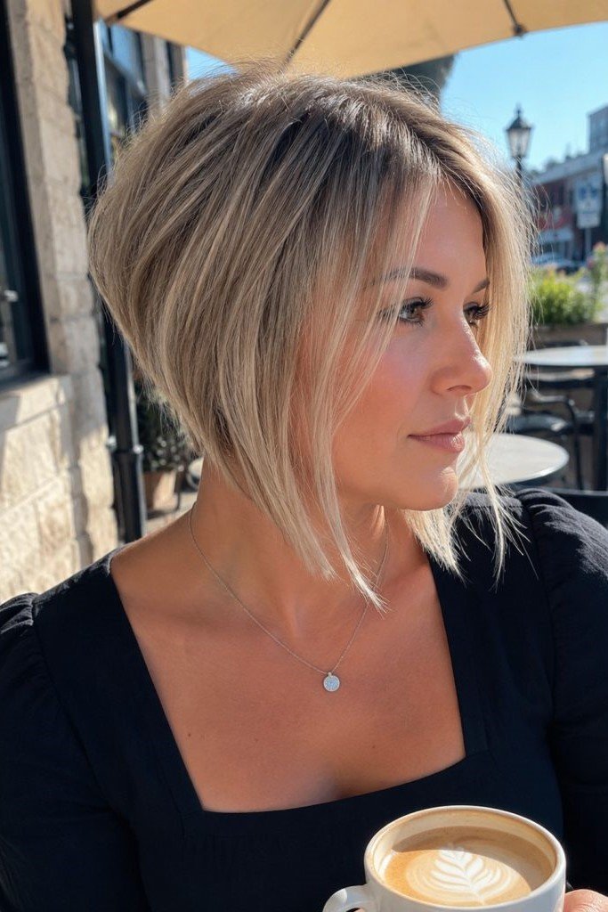 4. Sleek Angled A-Line Bob with Soft Blonde Balayage