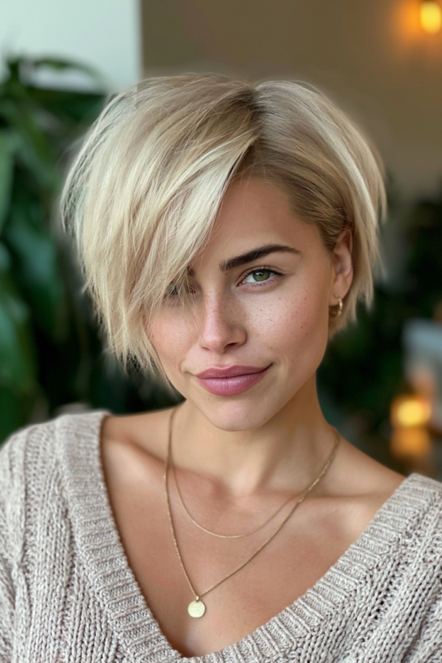 4. Soft Layered Blonde Pixie Bob with Side Bangs