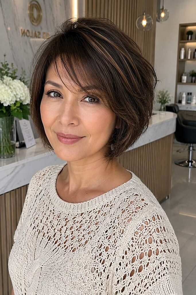 4. Softly Layered Brunette Bob with Highlights