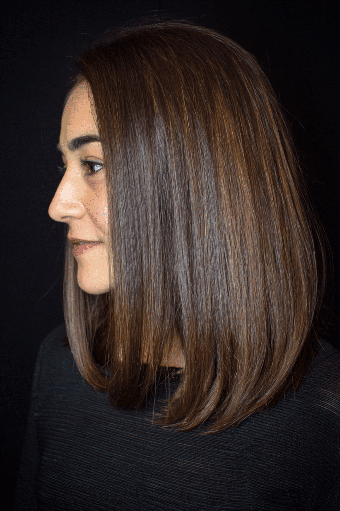 4. Straight Dark Chestnut Brown Lob with Subtle Highlights