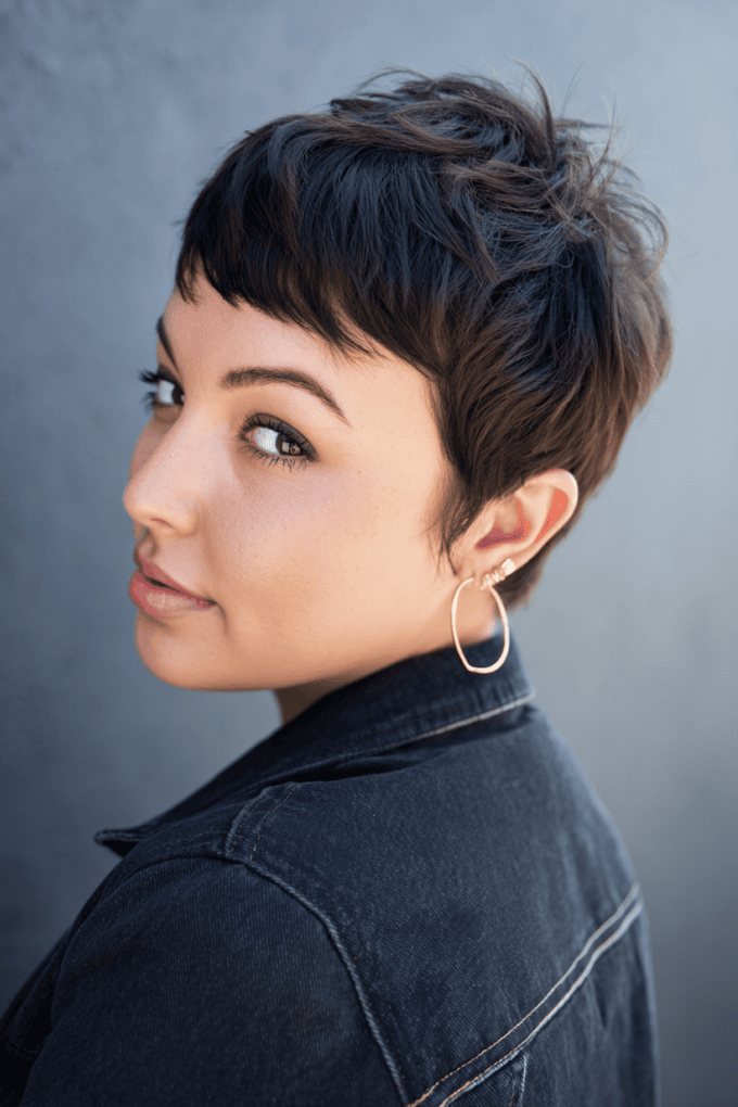 4. Tapered Dark Brown Pixie with Side-Swept Micro Bangs