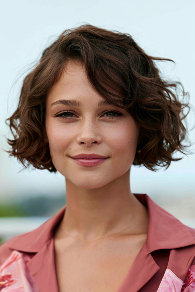 4. Wavy Chestnut French Bob with Side-Swept Bangs