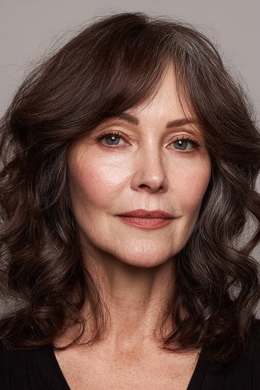 4. Wavy Dark Brown Shoulder-Length Hair with Curtain Bangs