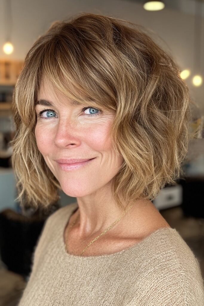 4. Wavy Warm Blonde Shaggy Bob with Side-Swept Curtain Bangs