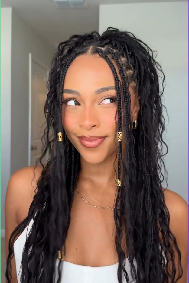 5. Boho Box Braids with Gold Cuffs and Face-Framing Strands