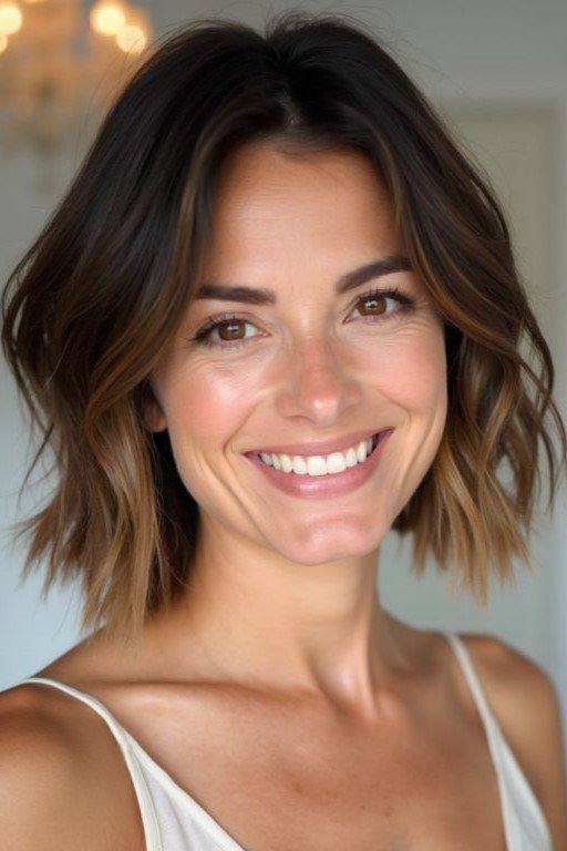 5. Center-Parted Chestnut Brunette Wave Bob with Textured Ends