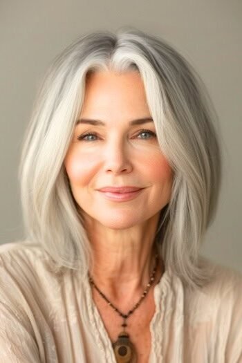 5. Center-Parted Silver Lob with Gentle Inward Layers