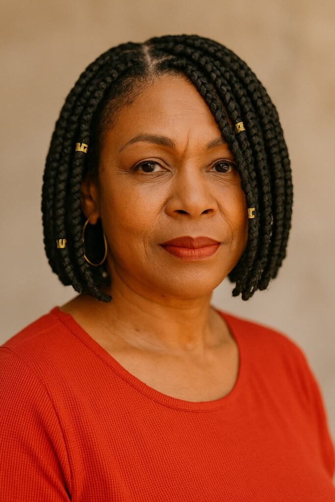 5. Classic Box Braid Bob with Gold Cuffs