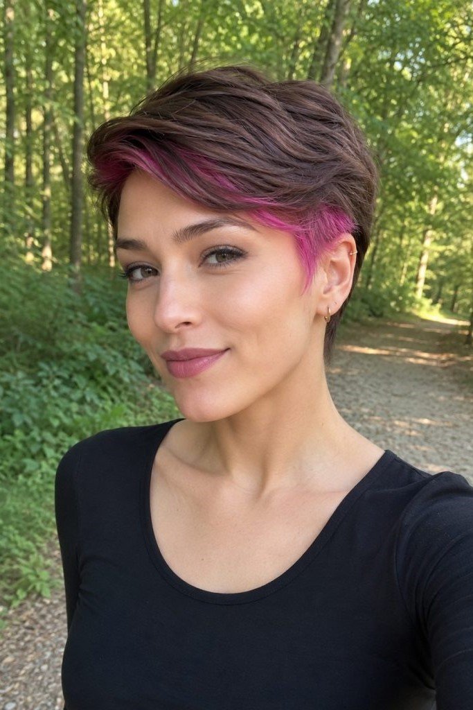 5. Dark Brown Pixie with Vibrant Magenta Underlayer Highlights