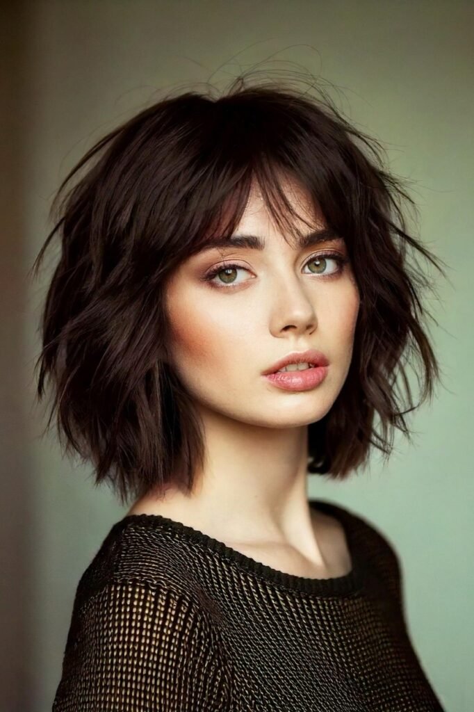 5. Dark Brunette Layered Bob with Curtain Bangs