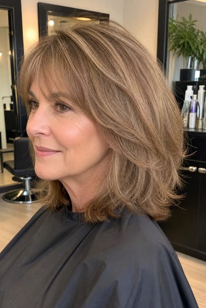 5. Honey Blonde Layered Bob with Feathered Side-Swept Bangs