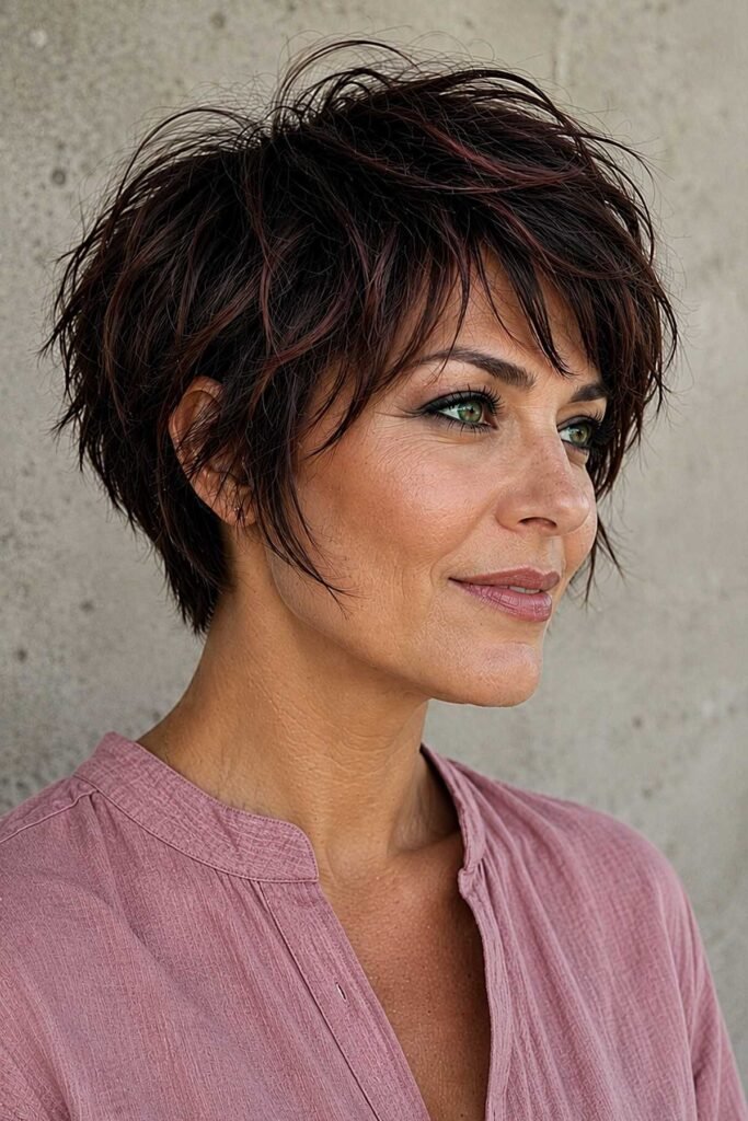 5. Messy Dark Auburn Choppy Pixie Cut