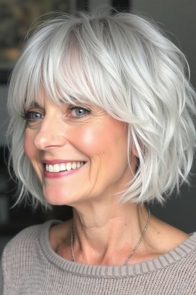 5. Messy Platinum White Bob with Textured Layers and Full Bangs