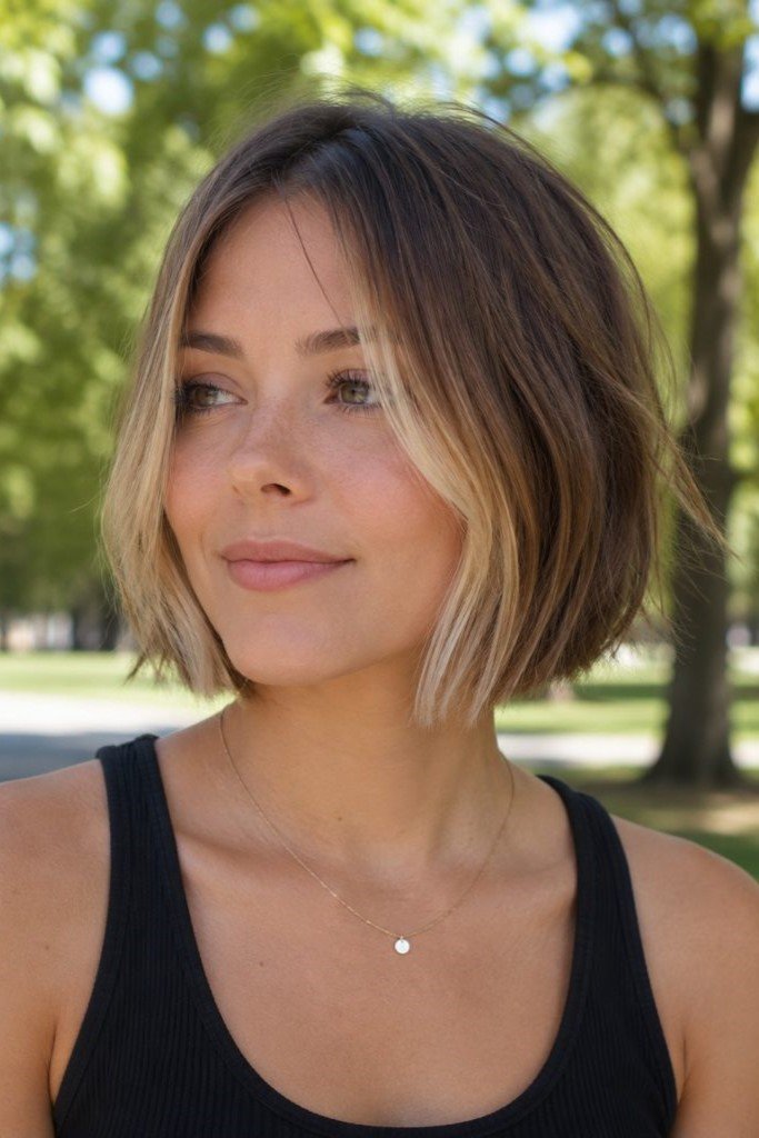 5. Short Blunt Bob with Blonde Money Piece Face-Framing Highlights