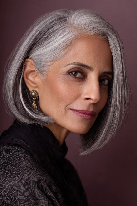 5. Sleek Side-Parted Asymmetrical Silver Bob
