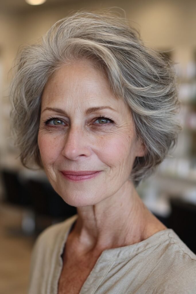 5. Soft Side-Swept Silver Bob with Face-Framing Layers