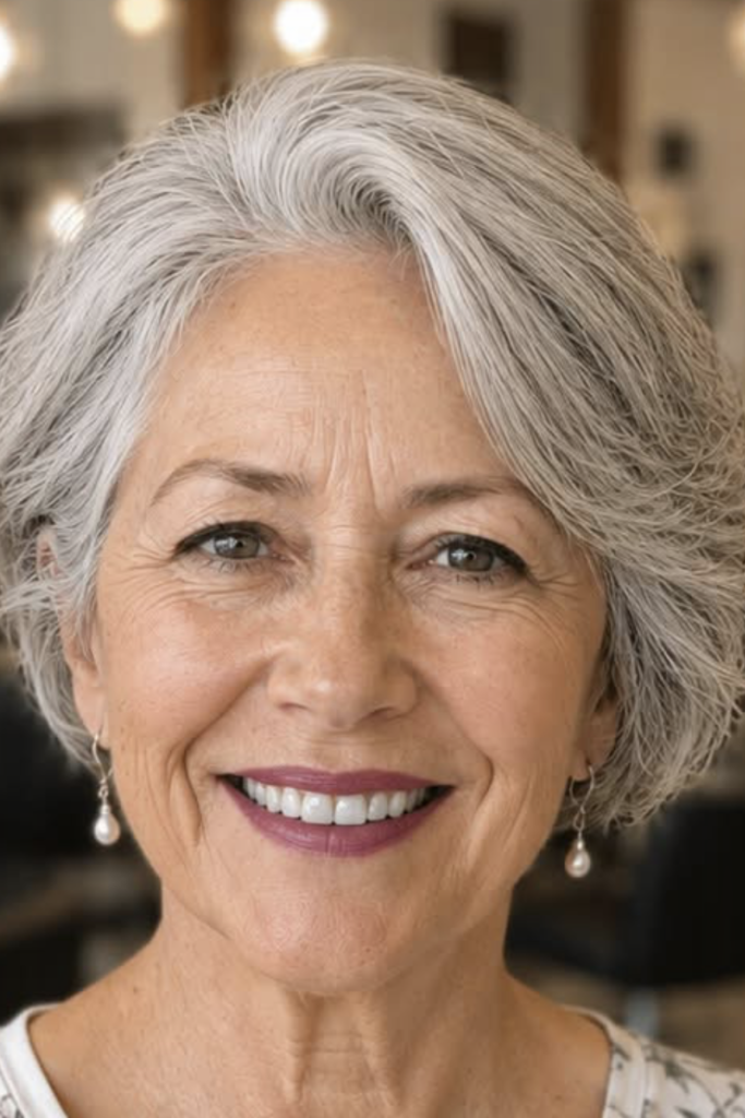 5. Soft Side-Swept Silver Bob with Tucked Sides