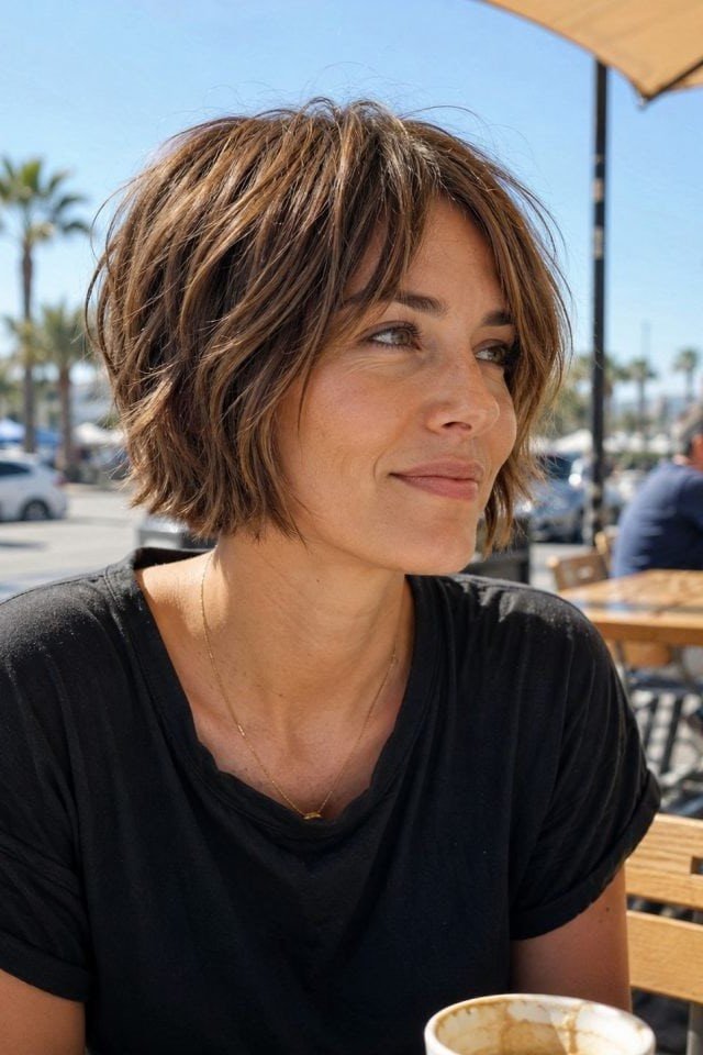 5. Soft Textured Medium Brown Shaggy Bob with Curtain Bangs