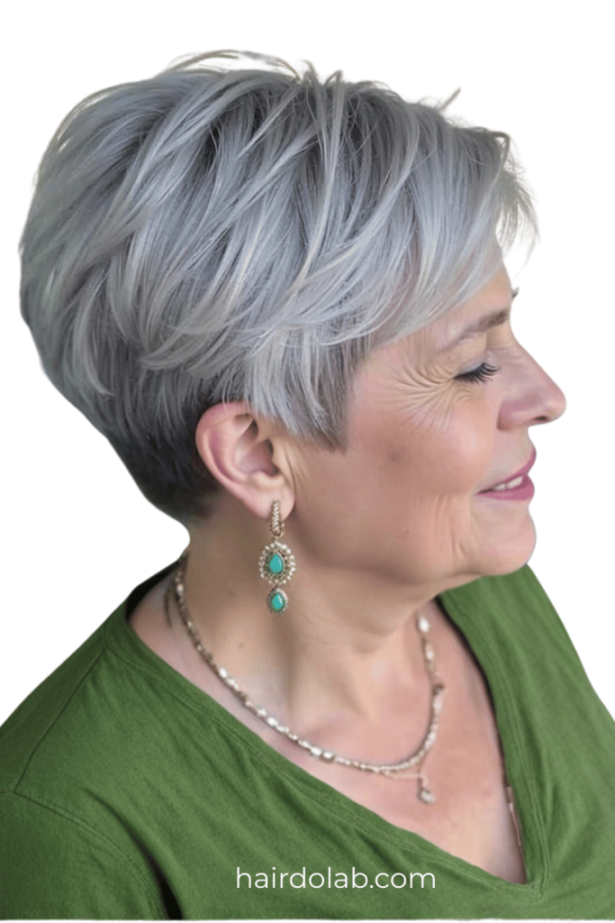 5. Tapered Silver Pixie Cut with Side-Swept Bangs