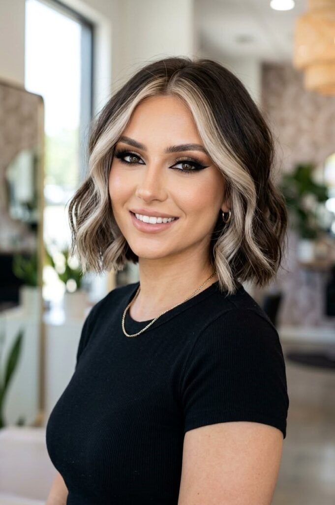 5. Textured Dark Brunette Bob with Cool Blonde Money Piece