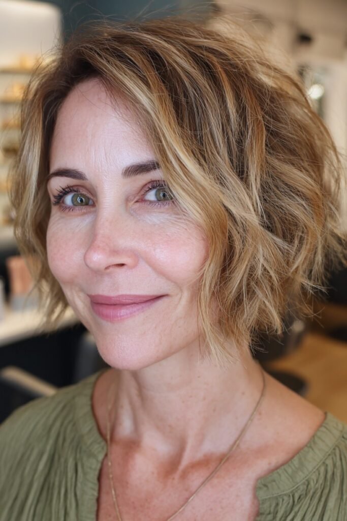 5. Tousled Wave-Textured Short Bob with Warm Honey Tones