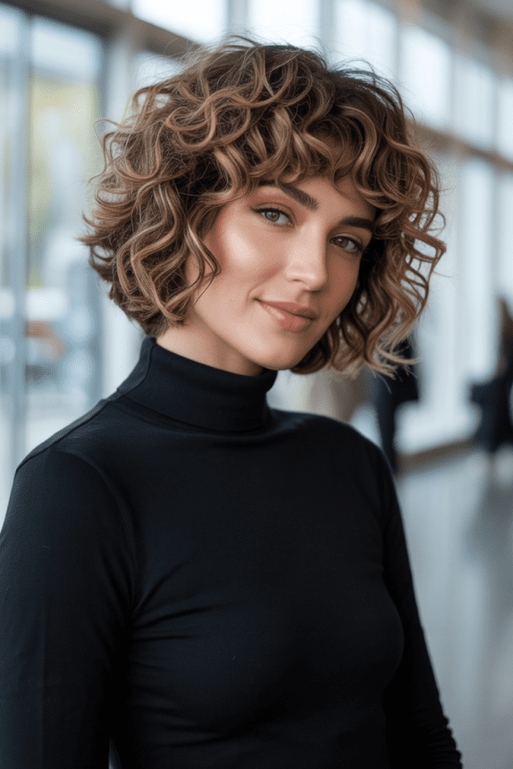 5. Voluminous Curly Caramel Bob with Full Curly Fringe