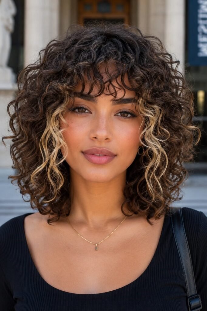 5. Voluminous Curly Dark Brown Shag with Blonde Money Pieces