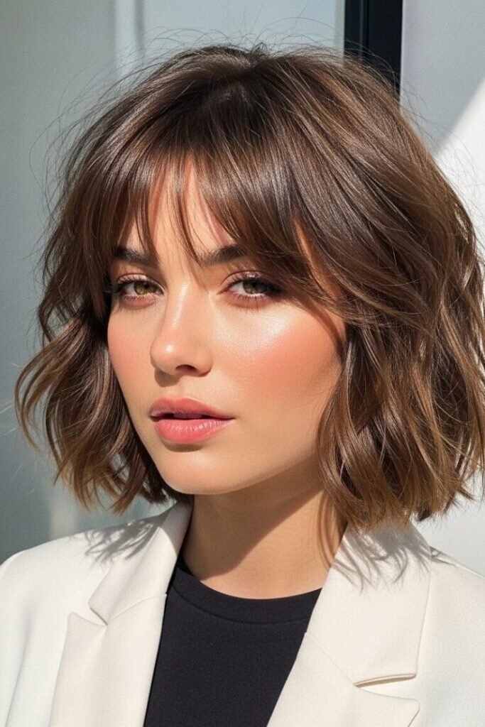 5. Voluminous Soft Wave French Bob with Full Curtain Bangs