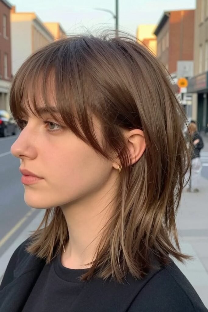 6. Casual Medium Shag Cut with Airy Bangs and Tuck-Behind Ear Detail