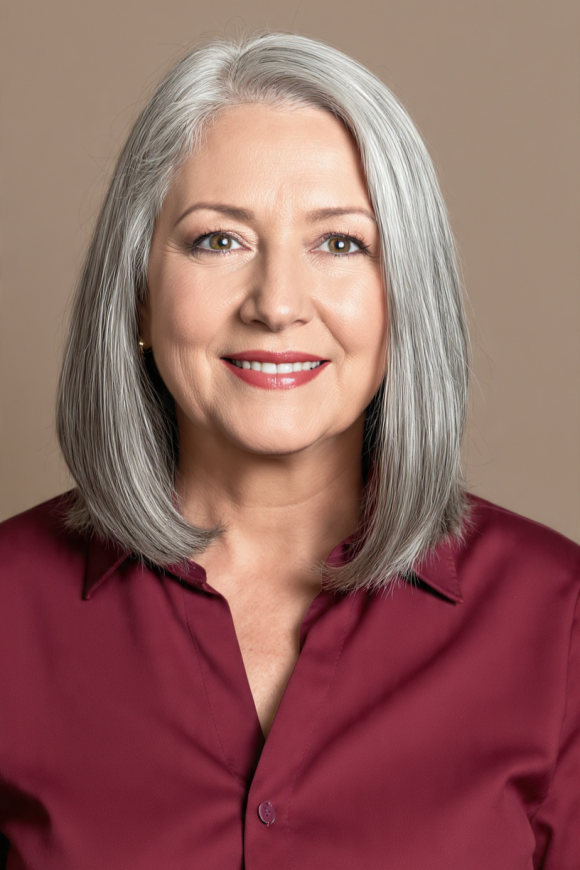 6. Classic Straight Silver Lob with Blunt Ends
