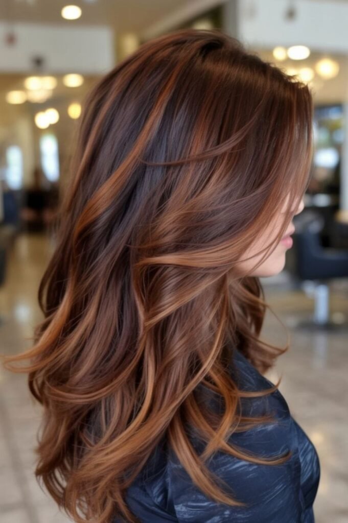 6. Elegant Layered Waves with Smooth Caramel Copper Balayage