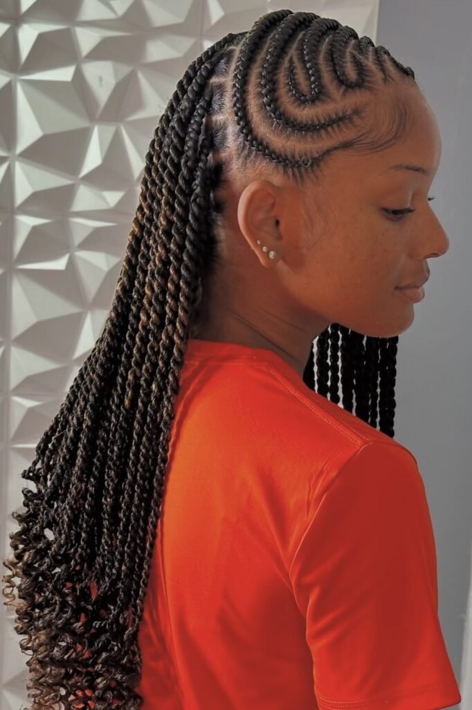6. Half-Up Stitch Braids with Long Passion Twists