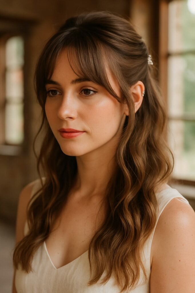 6. Half-Up Wavy Hairstyle with Wispy Curtain Bangs