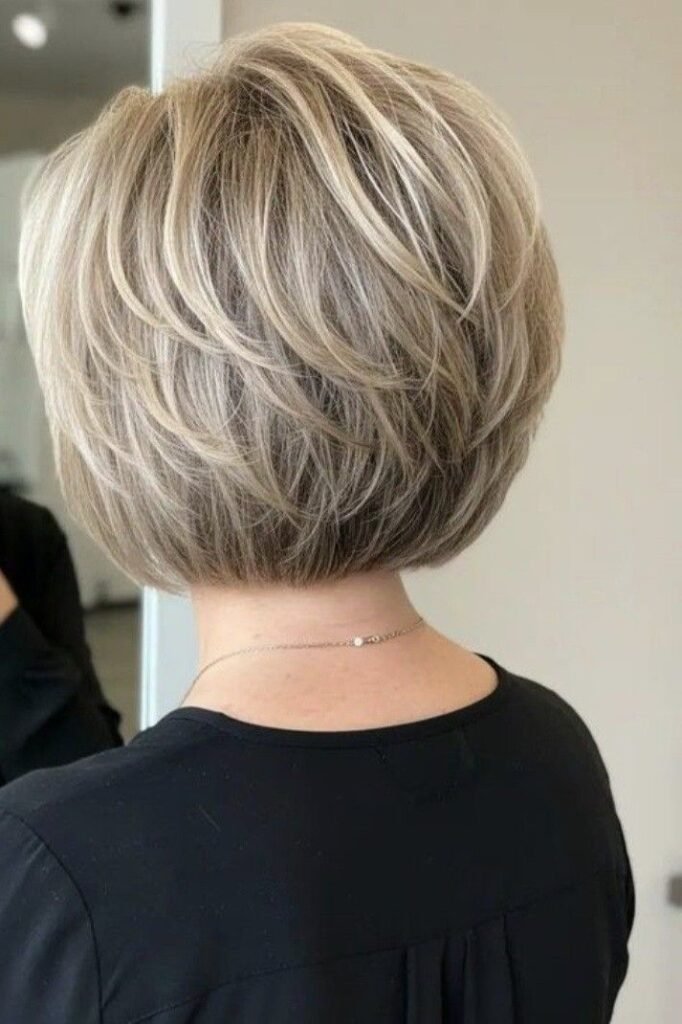 6. Honey Blonde Layered Stacked Bob with Full Volume