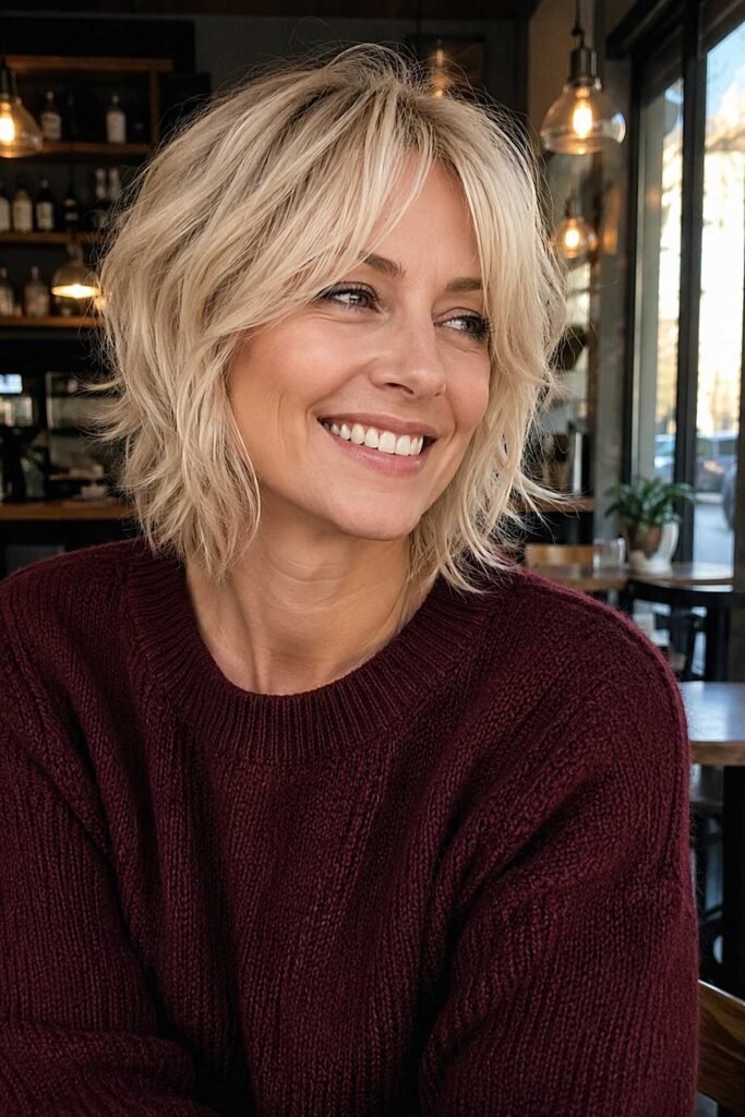 6. Light Golden Blonde Shag Bob with Layered Curtain Bangs
